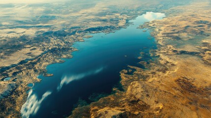 Stunning Aerial Landscape of a Serene Reservoir Surrounded by Scenic Terrain and Reflective Waters