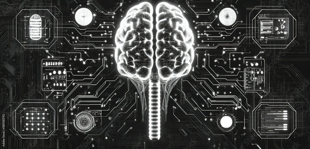 Poster digital brain concept with circuits and data displays illustrating artificial intelligence and techn