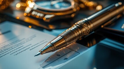 Naklejka premium Gold pen on document near luxury watch.