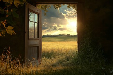 An inviting landscape view of a golden field under a beautiful sunset, evoking a sense of peace.