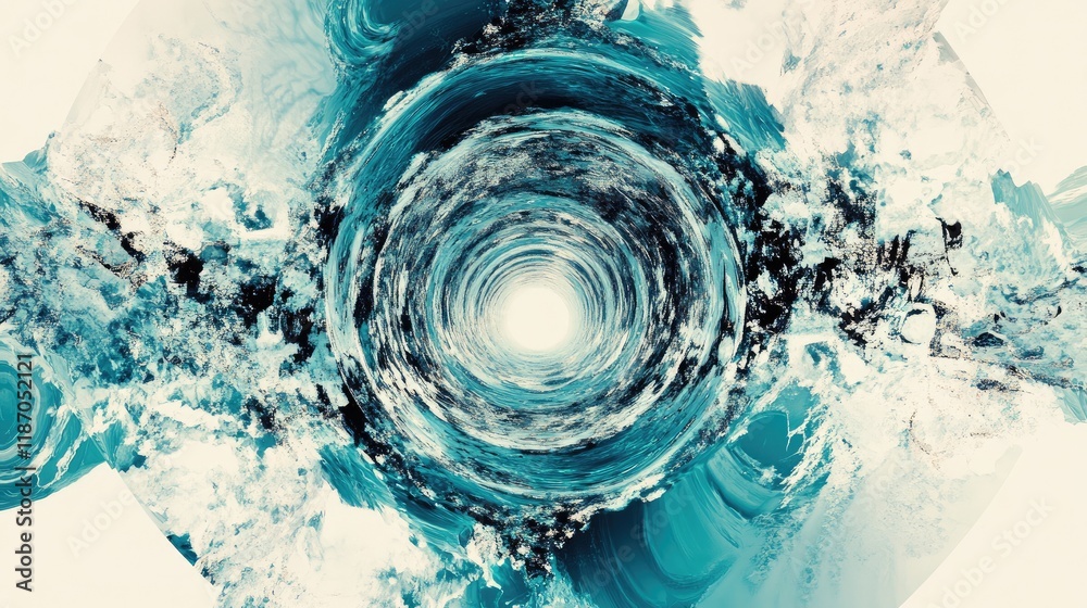 Poster abstract swirling blue and white circular design with warped textures and dynamic visual depth