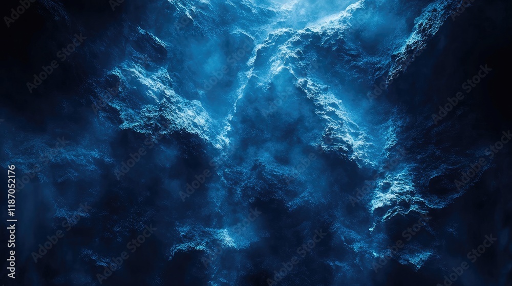 Poster abstract dark blue background with dynamic light reflections and textured wave patterns creating a m