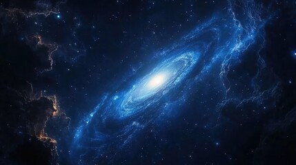 Fototapeta premium Aerial View of the Milky Way Galaxy with Stars and Cosmic Clouds in a Dark Blue Space Background