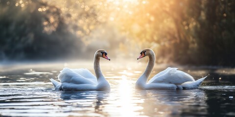 A serene moment capturing two swans gracefully floating on a tranquil lake at sunrise with fog.