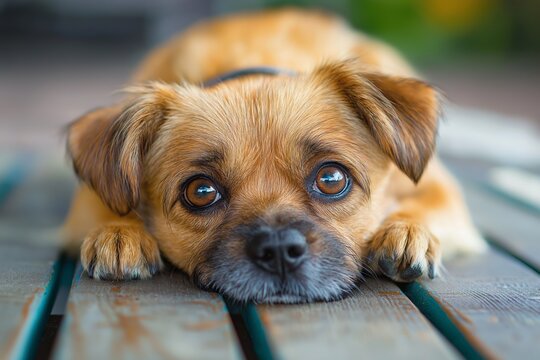 An adorable dog rests on wooden planks, gazing curiously at the viewer.