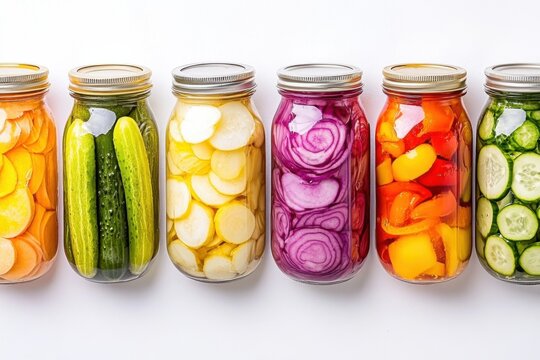 Vibrant array of colorful pickled vegetables in jars arranged on a clean white surface showcasing a rainbow gradient - Powered by Adobe