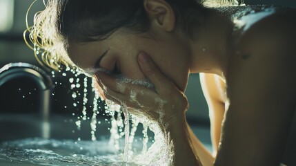 woman leaning over a sink, rinsing her face with cold water, droplets glistening on her skin