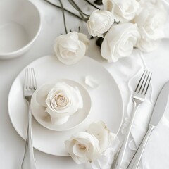 A beautiful arrangement of white roses on a dining table, evoking elegance and refined culinary experiences.