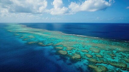 Obraz premium Aerial panorama of vibrant tropical coastline showcasing coral reefs and clear blue ocean waters under a serene sky