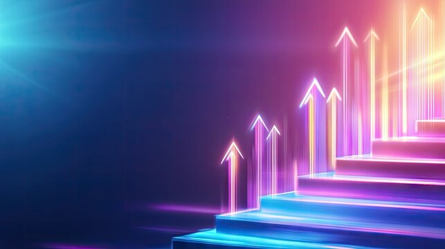 Abstract minimalistic background with a startup development concept. Colorful neon lights in the shape of ascending 3D neon arrows. Graph chart