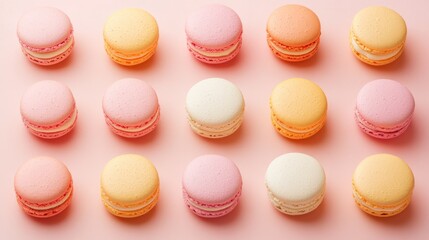 Obraz premium Assembly steps for pastel macarons on peach background showcasing French pastry techniques and professional preparation methods.