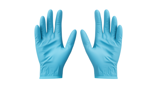 Protective Blue Nitrile Gloves Hands Hygiene Safety isolated on transparent background	