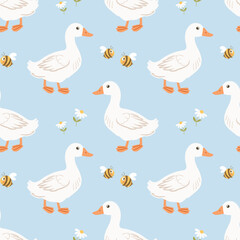 Seamless pattern with cute ducklings, bees and daisies on a light background. Background for children's clothing. Print