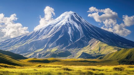Majestic Snow-Capped Mountain Overlooking Lush Green Meadows Under a Bright Blue Sky
