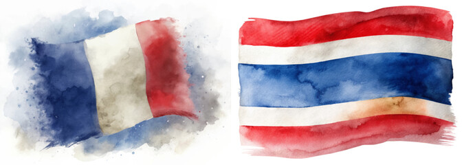 Watercolor flags, France and Thailand, artistic representation, vibrant colors, cultural symbols, decorative elements.