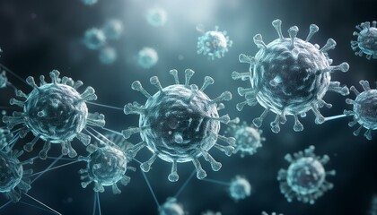Obraz premium Green virus particles floating in the air and connecting to each other, symbolizing the spread of an infectious disease