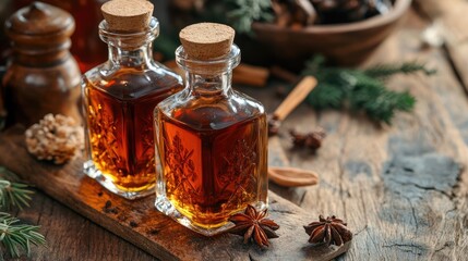 Baltic amber liqueur bottles on wooden table for natural remedies and wellness lifestyle promoting health benefits of herbal drinks