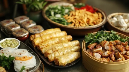 Traditional Vietnamese spring holiday feast featuring Banh Chung, boiled chicken, pickled onions, and spring rolls on a festive table.