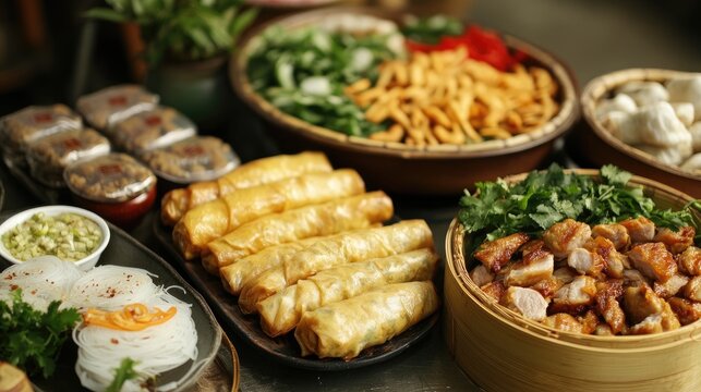Traditional Vietnamese spring holiday feast featuring Banh Chung, boiled chicken, pickled onions, and spring rolls on a festive table.