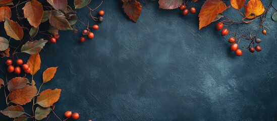Autumn-themed frame showcasing vibrant fall leaves and berries with a blue background ideal for text or seasonal greetings