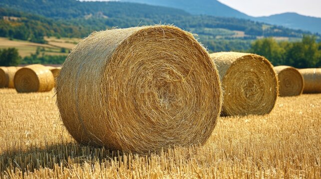 Round hay bales in golden straw field with mountains in background under blue sky showcasing agricultural landscape in summer season