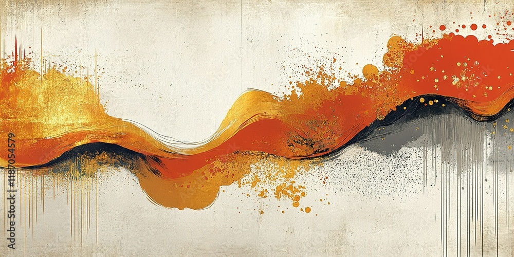 Poster Abstract art with warm colors and dynamic wave patterns on a textured background