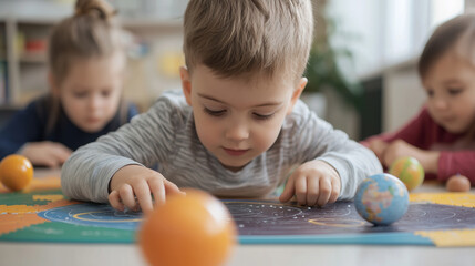 Fototapeta premium Kids Assembling Educational Solar System Puzzle in Classroom Play Area