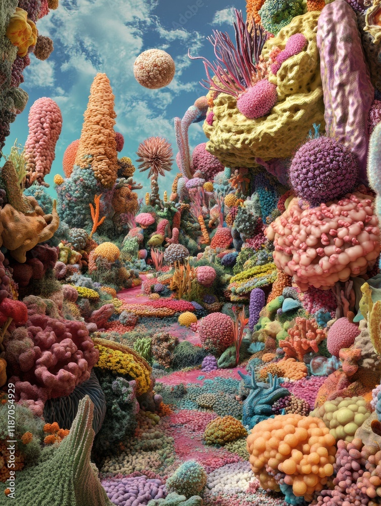 Fototapete vibrant colony of bacteria forms creating a surreal landscape rich in color and texture. generative 