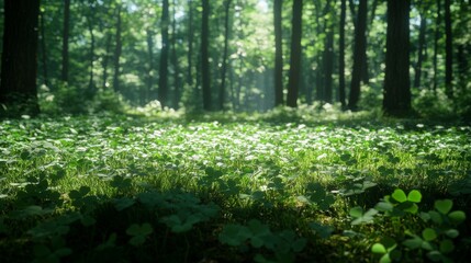 Obraz premium Sunlit Clover Field In A Lush Green Forest