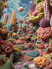 Fototapeta premium Vibrant colony of bacteria forms creating a surreal landscape rich in color and texture. Generative AI