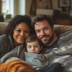Fototapeta premium Cozy Family Bonding on a Plush Sofa in a Warm, Inviting Living Room