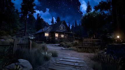 Fototapeta premium Expansive Night Sky with Rich Blue Hues Above a Calm Cabin Scene
