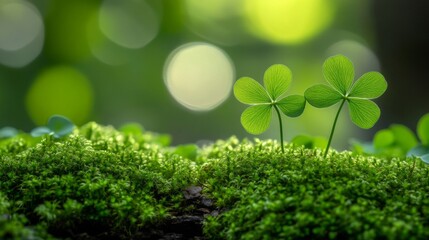 Two Shamrocks Growing in Lush Green Moss