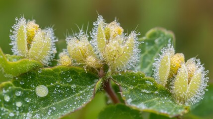 Dew Covered Plant Buds And Leaves Displaying Nature