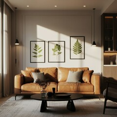 Cozy living room, brown leather sofa, botanical wall art, potted plants, window light, minimalist decor, white brick wall, wooden floor, earth tones, natural elements, interior design, houseplants, Sc