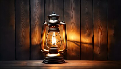 old kerosene lamp glows in a dark place against the shadows and wooden background