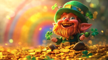 Happy Leprechaun Sitting Amidst a Pile of Gold Coins