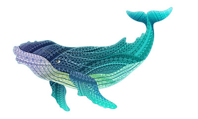 Humpback whale illustration, South Pacific Maori pattern design, transparent background 혹등고래