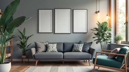 contemporary living room with gray sofa green armchair