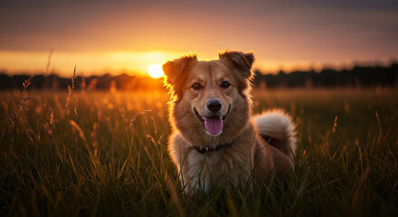 A happy dog as he frolics accompanied behind him by an incredible sunset