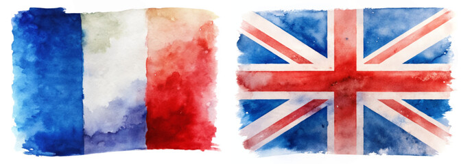 Watercolor flags, French flag, British flag, vibrant colors, artistic style, cultural representation, patriotic imagery.