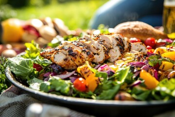 Grilled chicken salad with summer vegetables, a vibrant and healthy outdoor meal.