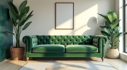 sunlit living room with emerald velvet sofa potted plants