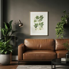 Cozy living room, brown leather sofa, botanical wall art, potted plants, window light, minimalist decor, white brick wall, wooden floor, earth tones, natural elements, interior design, houseplants, Sc
