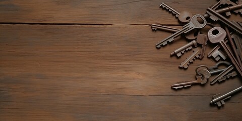 A collection of old keys scattered on a weathered wooden surface, representing memories, secrets, and the concepts of security and access in a nostalgic, artistic context.