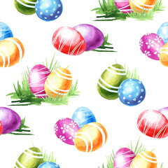 Easter seamless pattern with colored eggs. Watercolor hand painted illustration  isolated on white background