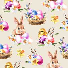 Easter seamless pattern. Watercolor hand painted illustration