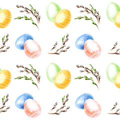 Easter seamless pattern with colored eggs and branches. Watercolor hand painted illustration  isolated on white background
