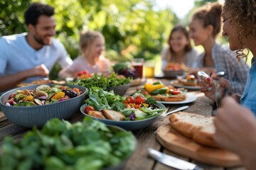 Happy family enjoying a healthy outdoor meal together with fresh salads and vegetables.