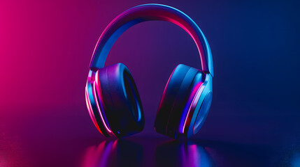 Casque audio moderne posé sur une surface brillante avec éclairage néon.